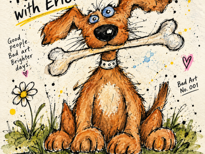 Illustrated dog holding a bone, titled It Started With Eric