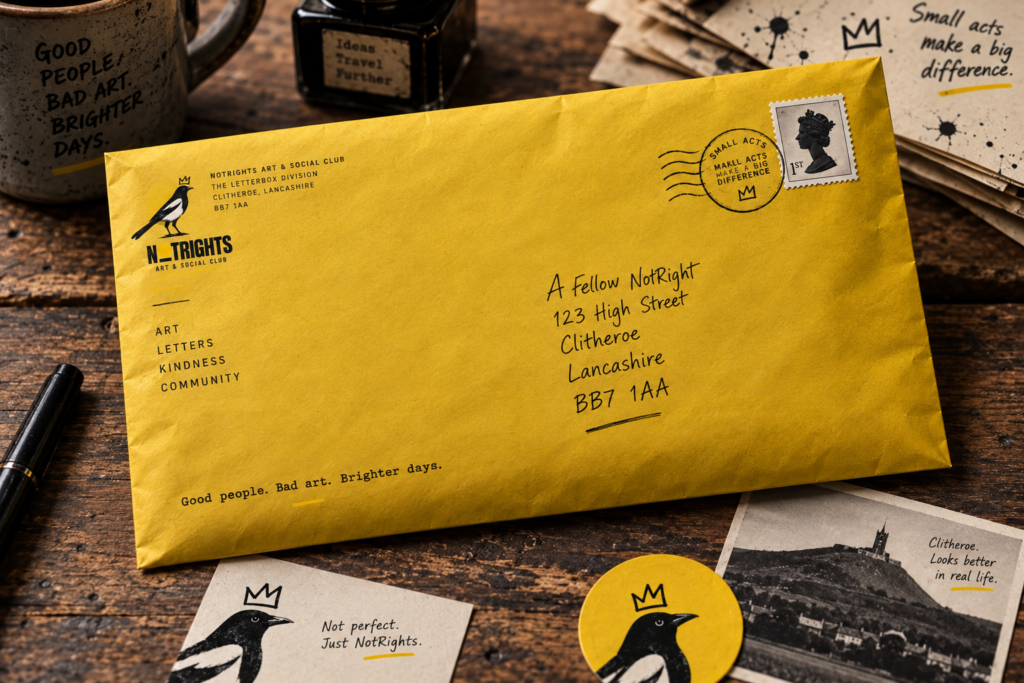 A yellow NOTRIGHTS envelope laid out with letters and artwork
